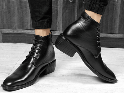 High Ankle Height Increasing Black Casual And Outdoor Boots With Lace-Up Pattern-Unique and Classy