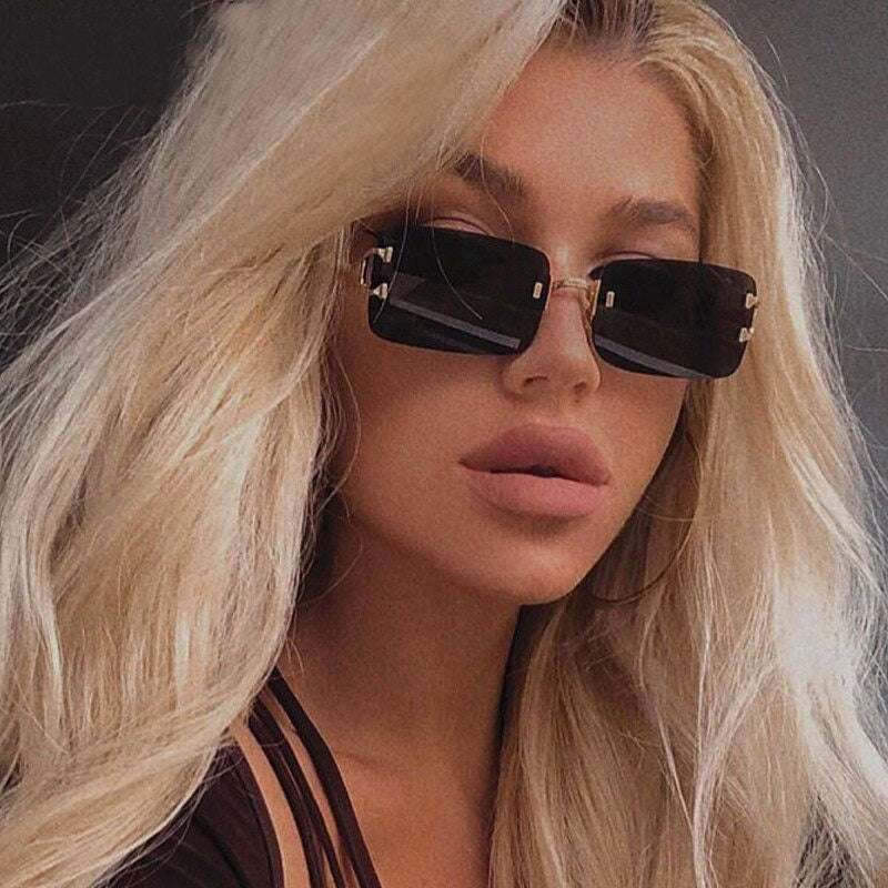 Rimless Small Square Frame Sunglasses For Unisex-Unique and Classy