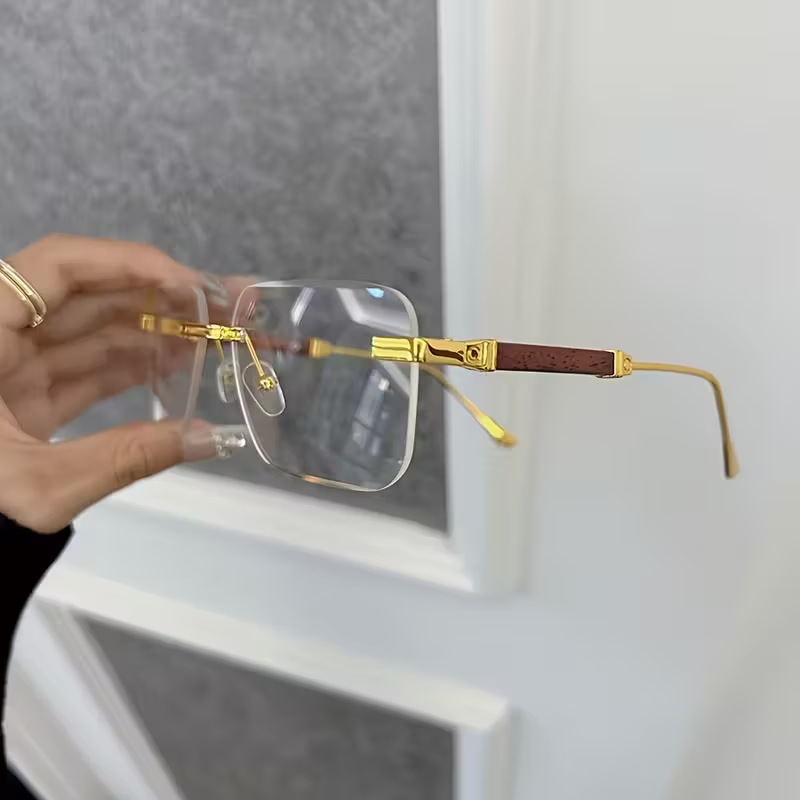Trendy 2025 Rimless Gold Sunglasses – Blue Light Blocking, Small Square Frame