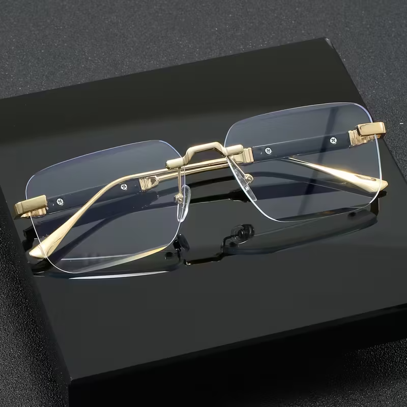 Trendy 2025 Rimless Gold Sunglasses – Blue Light Blocking, Small Square Frame