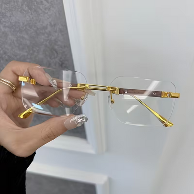 Trendy 2025 Rimless Gold Sunglasses – Blue Light Blocking, Small Square Frame