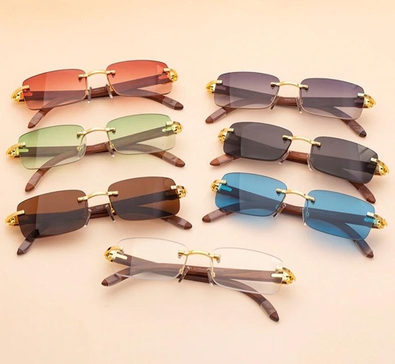 Crystal Cutting Vintage Wood Rimless Square Sunglasses For Men And Women-Unique and Classy