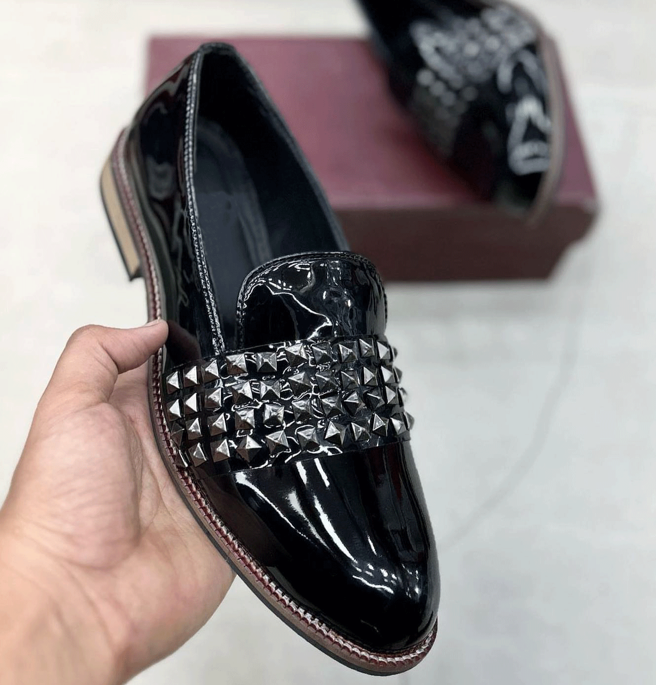 Spike Design Semi Casual Stud Detail Patent Loafers-UniqueandClassy