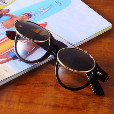 Classic Retro Vintage Round Flip Up Sunglasses For Unisex-Unique and Classy