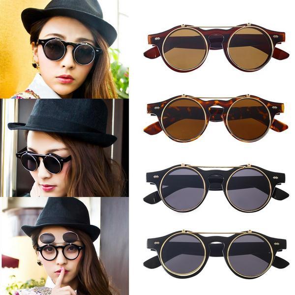 Classic Retro Vintage Round Flip Up Sunglasses For Unisex-Unique and Classy