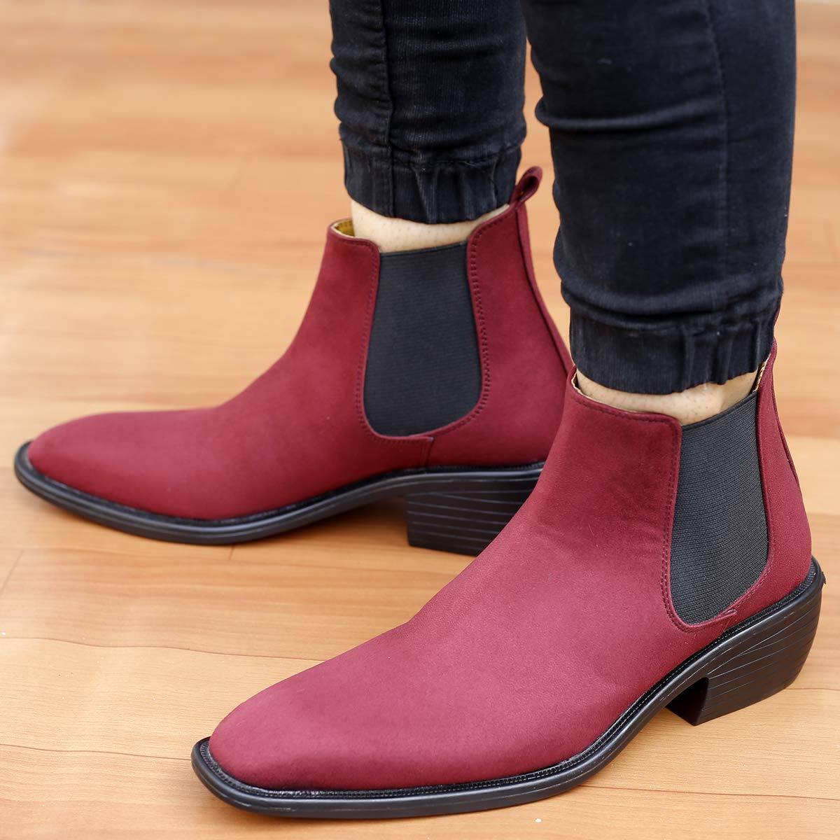 Height Increasing Suede Material Red Casual Chelsea Boots For Men-Unique and Classy