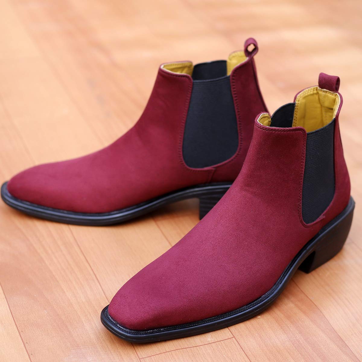 Height Increasing Suede Material Red Casual Chelsea Boots For Men-Unique and Classy