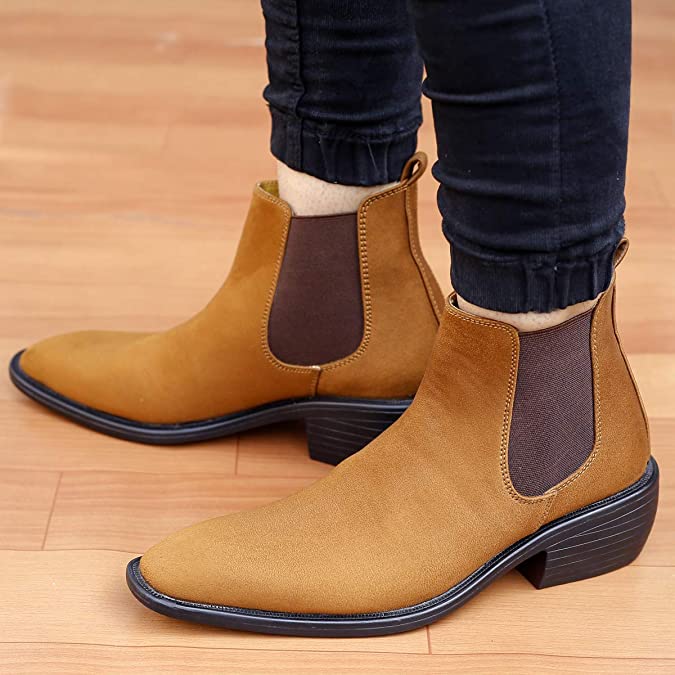 Height Increasing Suede Material Tan Casual Chelsea Boots For Men-Unique and Classy