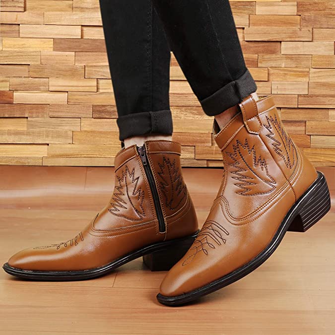 Stylish High Ankle Tan Casual And Formal Boot With Leaf Pattern-Unique and Classy