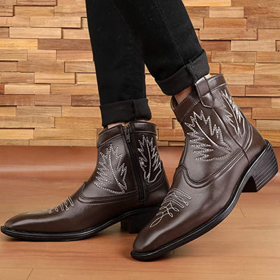 Stylish High Ankle Brown Casual And Formal Boot With Leaf Pattern-Unique and Classy