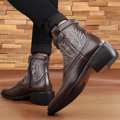Stylish High Ankle Brown Casual And Formal Boot With Leaf Pattern-Unique and Classy