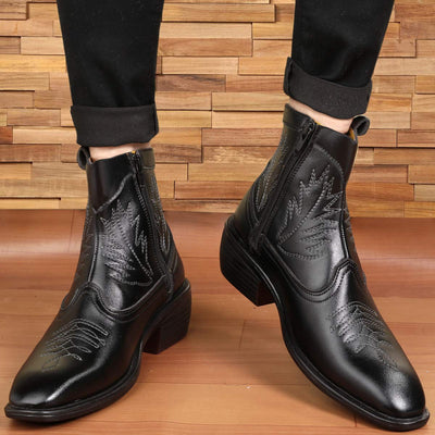 Stylish High Ankle Black Casual And Formal Boot With Leaf Pattern-Unique and Classy