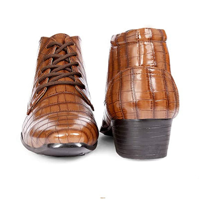 Crocodile Style Height Increasing Faux Leather Material Lace-Up Boots -Unique and Classy