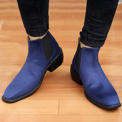 Height Increasing Suede Material Blue Casual Chelsea Boots For Men-Unique and Classy