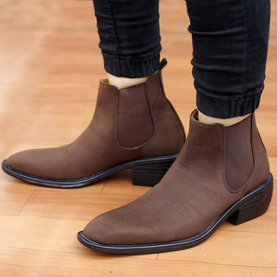 Height Increasing Suede Material Brown Casual Chelsea Boots For Men-Unique and Classy