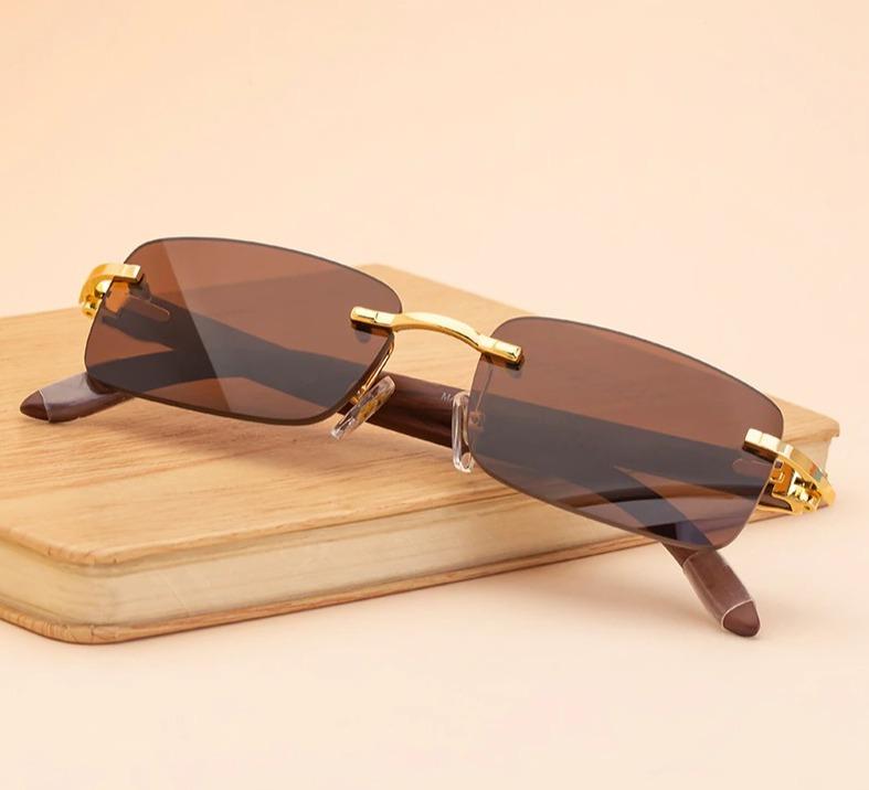 Crystal Cutting Vintage Wood Rimless Square Sunglasses For Men And Women-Unique and Classy