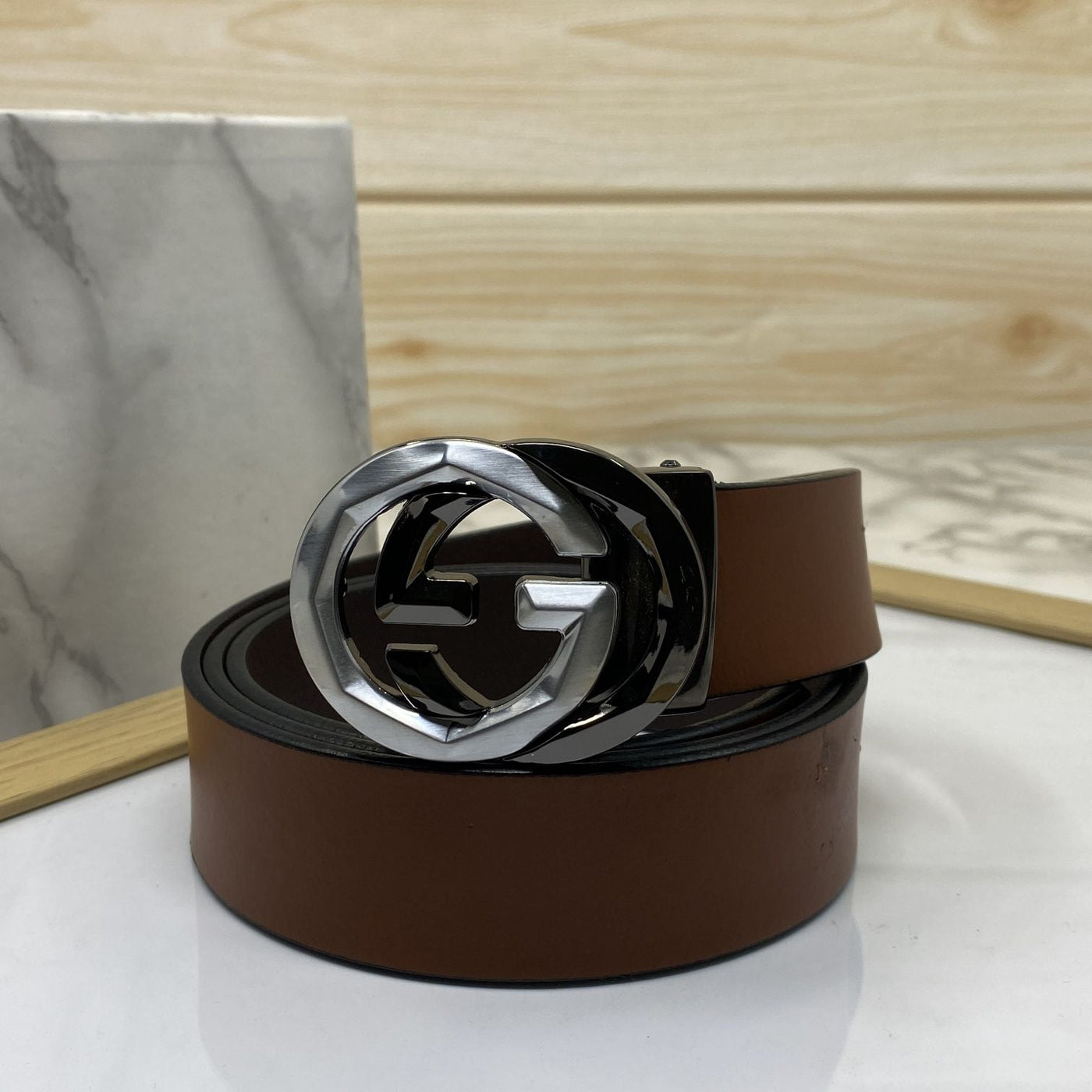 Two Tone Metal Round GG Leather Strap Belt-UniqueandClassy