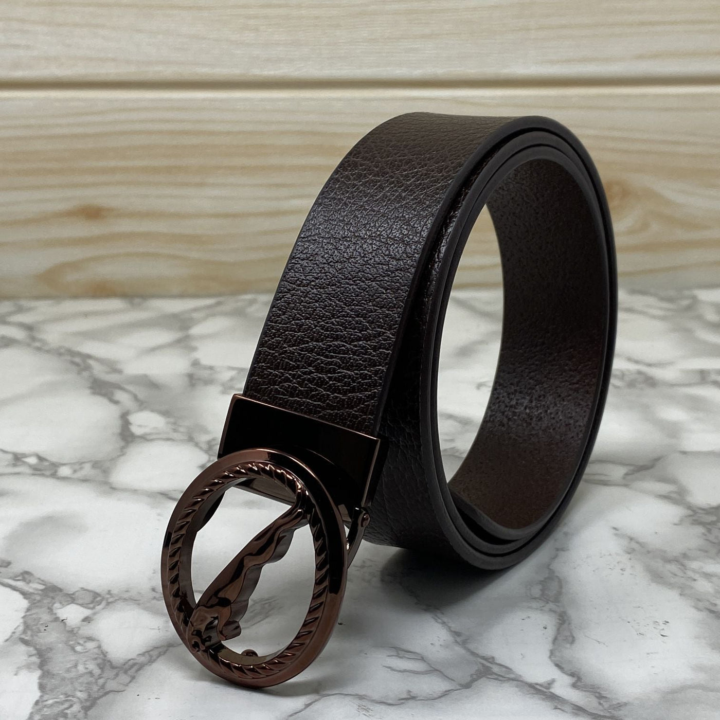 Round Jaguar Metal Buckle With Leather Strap Belt-UniqueandClassy