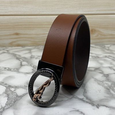 Round Jaguar Metal Buckle With Leather Strap Belt-UniqueandClassy