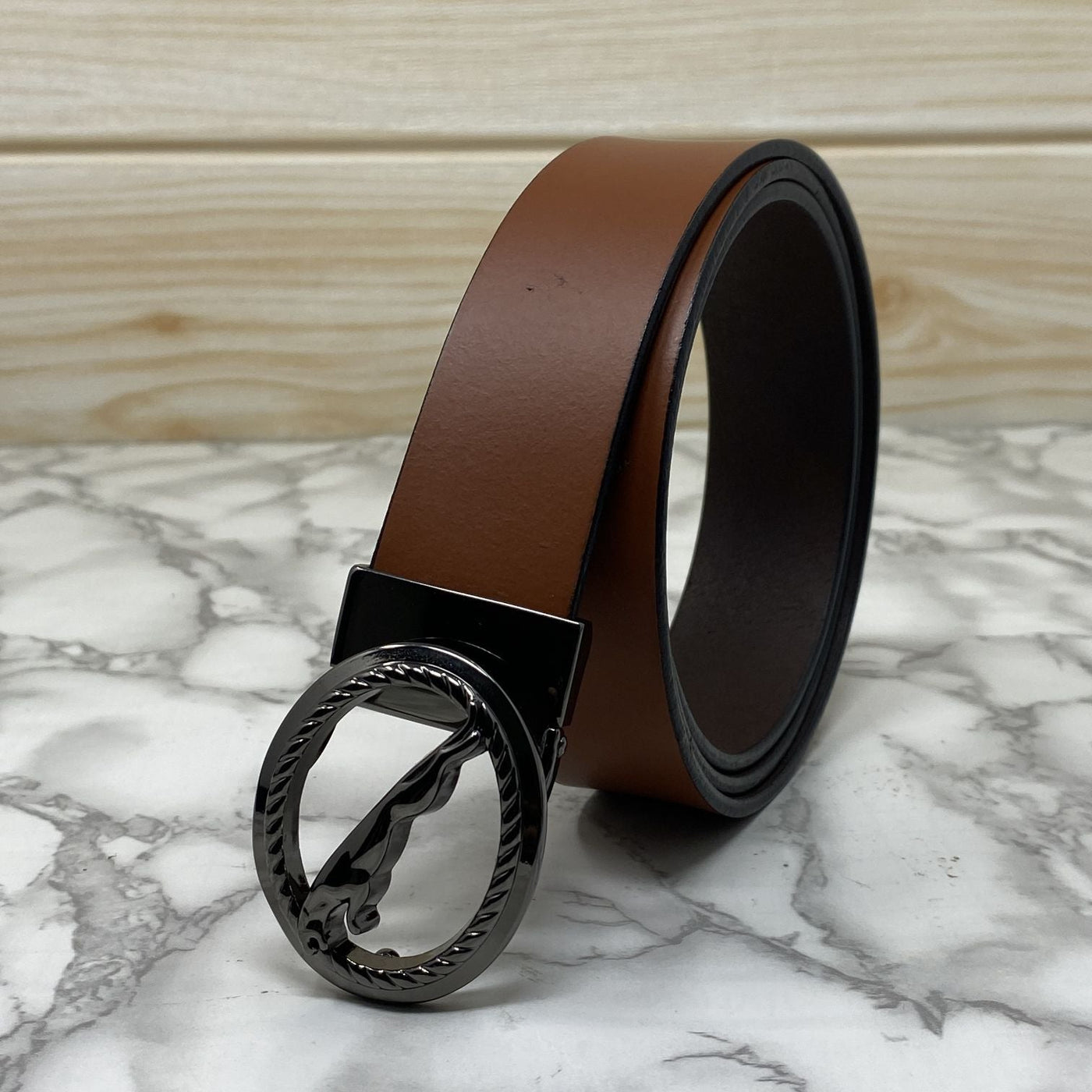 Round Jaguar Metal Buckle With Leather Strap Belt-UniqueandClassy