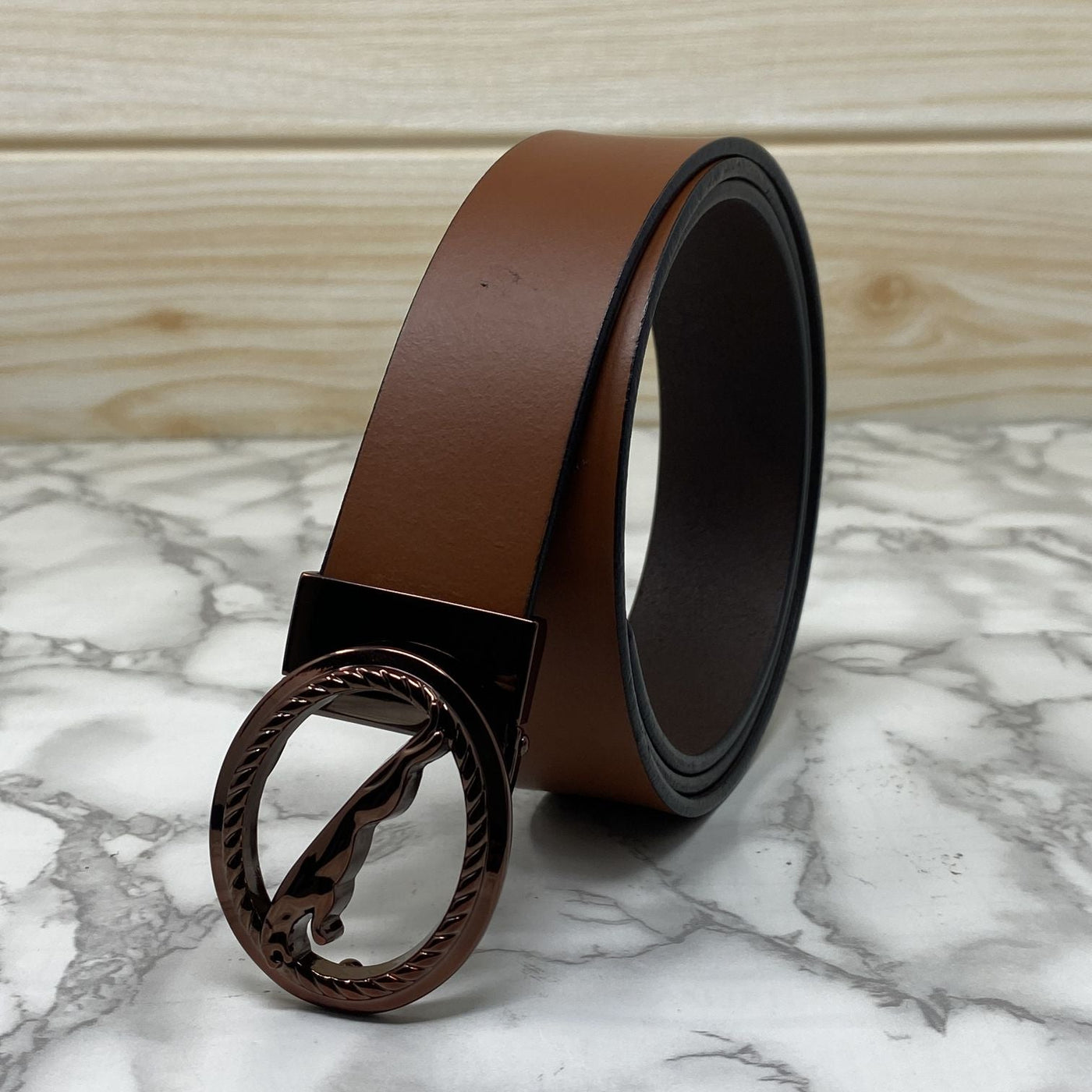 Round Jaguar Metal Buckle With Leather Strap Belt-UniqueandClassy