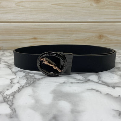 Round Jaguar Metal Buckle With Leather Strap Belt-UniqueandClassy