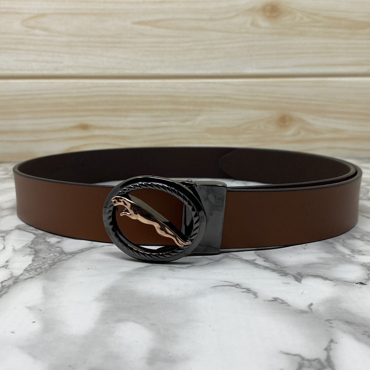 Round Jaguar Metal Buckle With Leather Strap Belt-UniqueandClassy