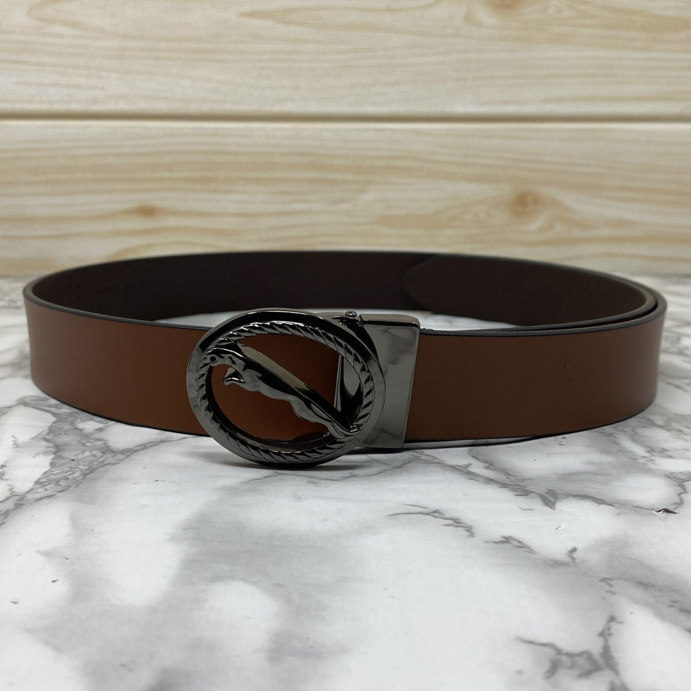 Round Jaguar Metal Buckle With Leather Strap Belt-UniqueandClassy