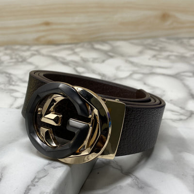 Two Tone Metal Round GG Leather Strap Belt-UniqueandClassy