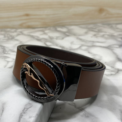 Round Jaguar Metal Buckle With Leather Strap Belt-UniqueandClassy