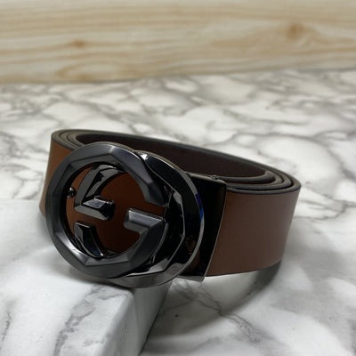 Two Tone Metal Round GG Leather Strap Belt-UniqueandClassy