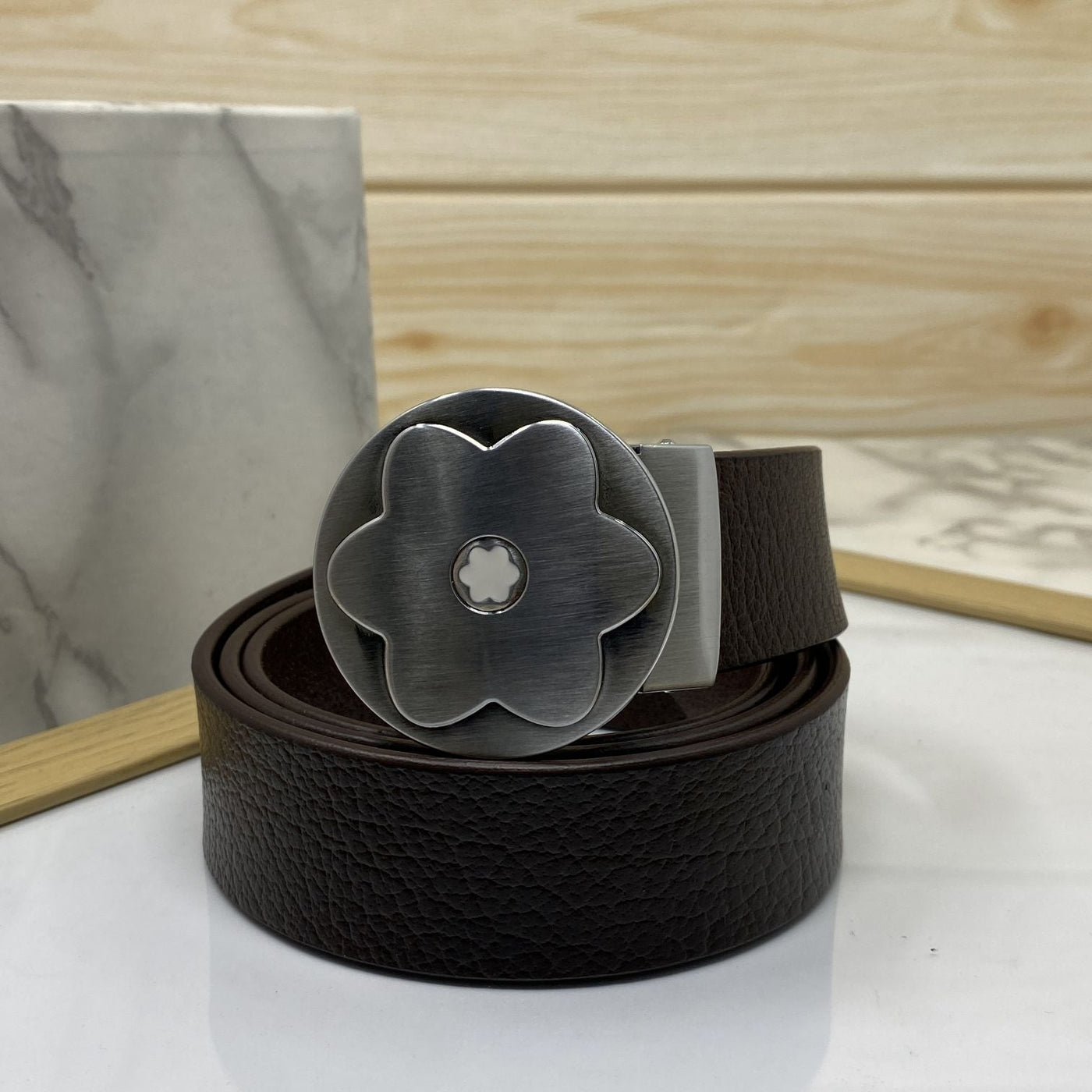 Flower Pattern Round Pin Buckle Leather Belt For Men-UniqueandClassy