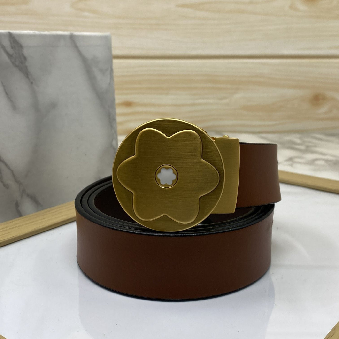 Flower Pattern Round Pin Buckle Leather Belt For Men-UniqueandClassy