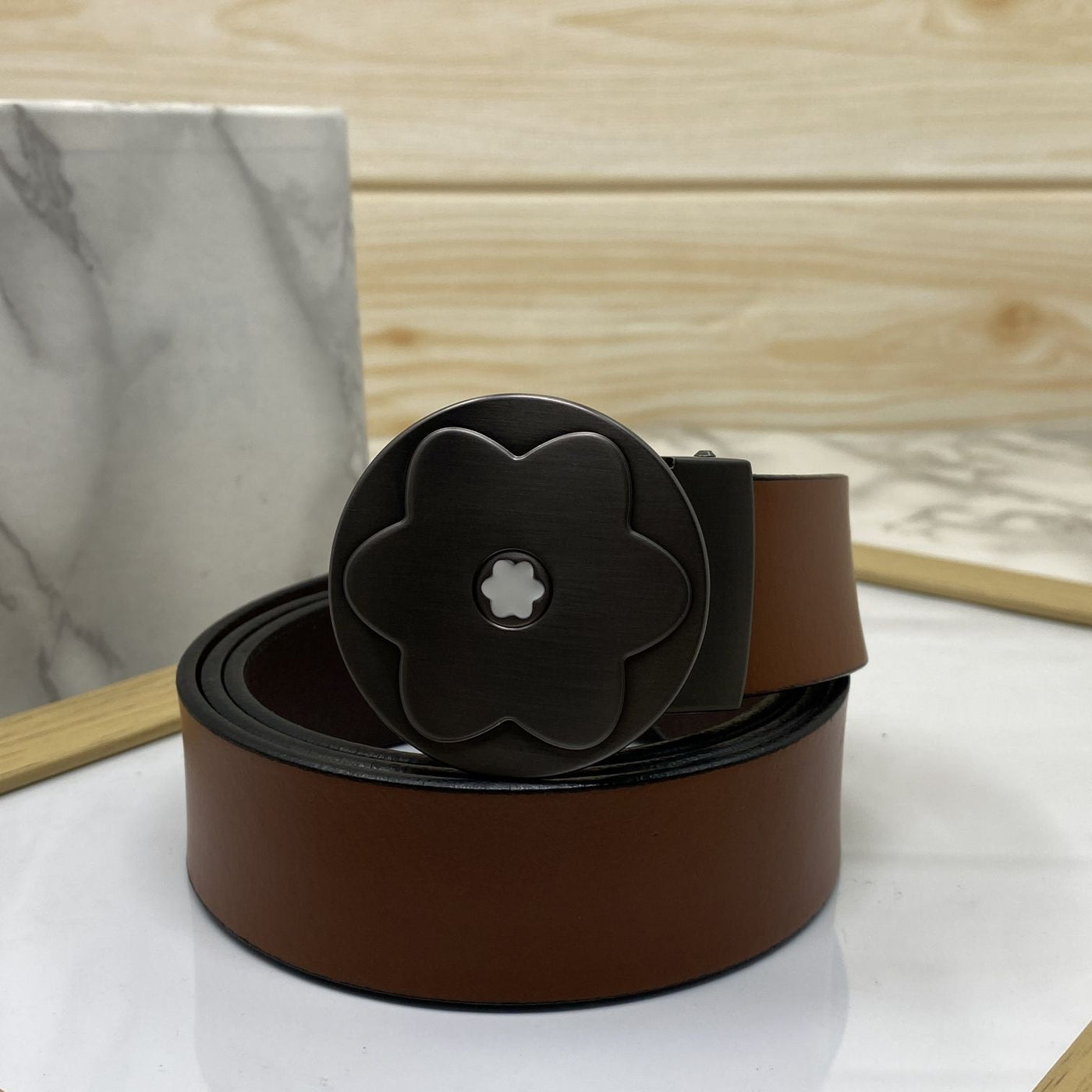 Flower Pattern Round Pin Buckle Leather Belt For Men-UniqueandClassy