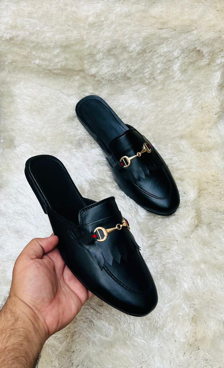 Formal Design Backless Slip On Mule Gold Buckle Loafers Shoes-UniqueandClassy
