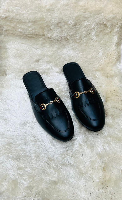 Formal Design Backless Slip On Mule Gold Buckle Loafers Shoes-UniqueandClassy