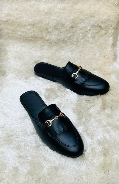 Formal Design Backless Slip On Mule Gold Buckle Loafers Shoes-UniqueandClassy