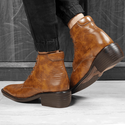 High Ankle Height Increasing Tan Casual And Outdoor Boots With Lace-Up Pattern-Unique and Classy